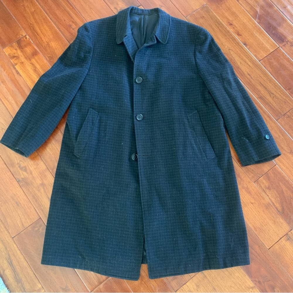 Vintage Overcoat Men's 44 Wool Blue Black Check Button Tab Sleeve FASHION PARK
